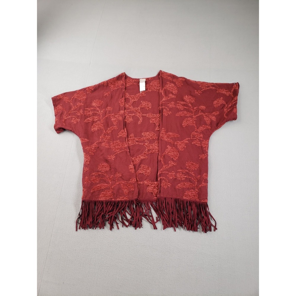 Chicos Women Jacket S/M Red Floral Jacquard Open Front Fringe Hem Kimono